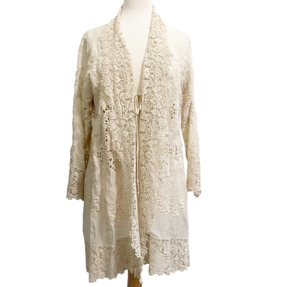 Johnny Was Ivory Cream Crochet Lace Tie Front Kimono Topper - Picture 6 of 15